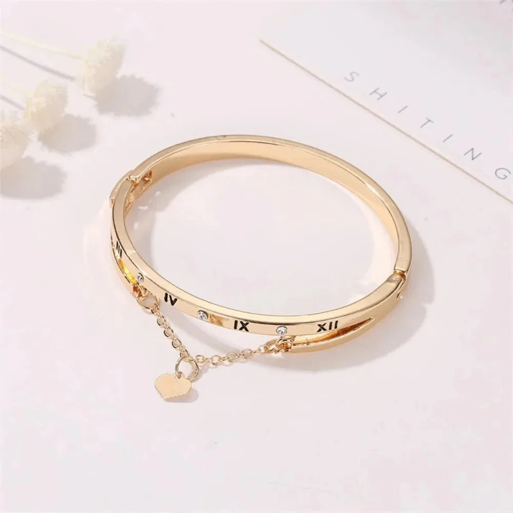 Roman Numeral Heart Dangle Cuff Bracelet - Aryomi