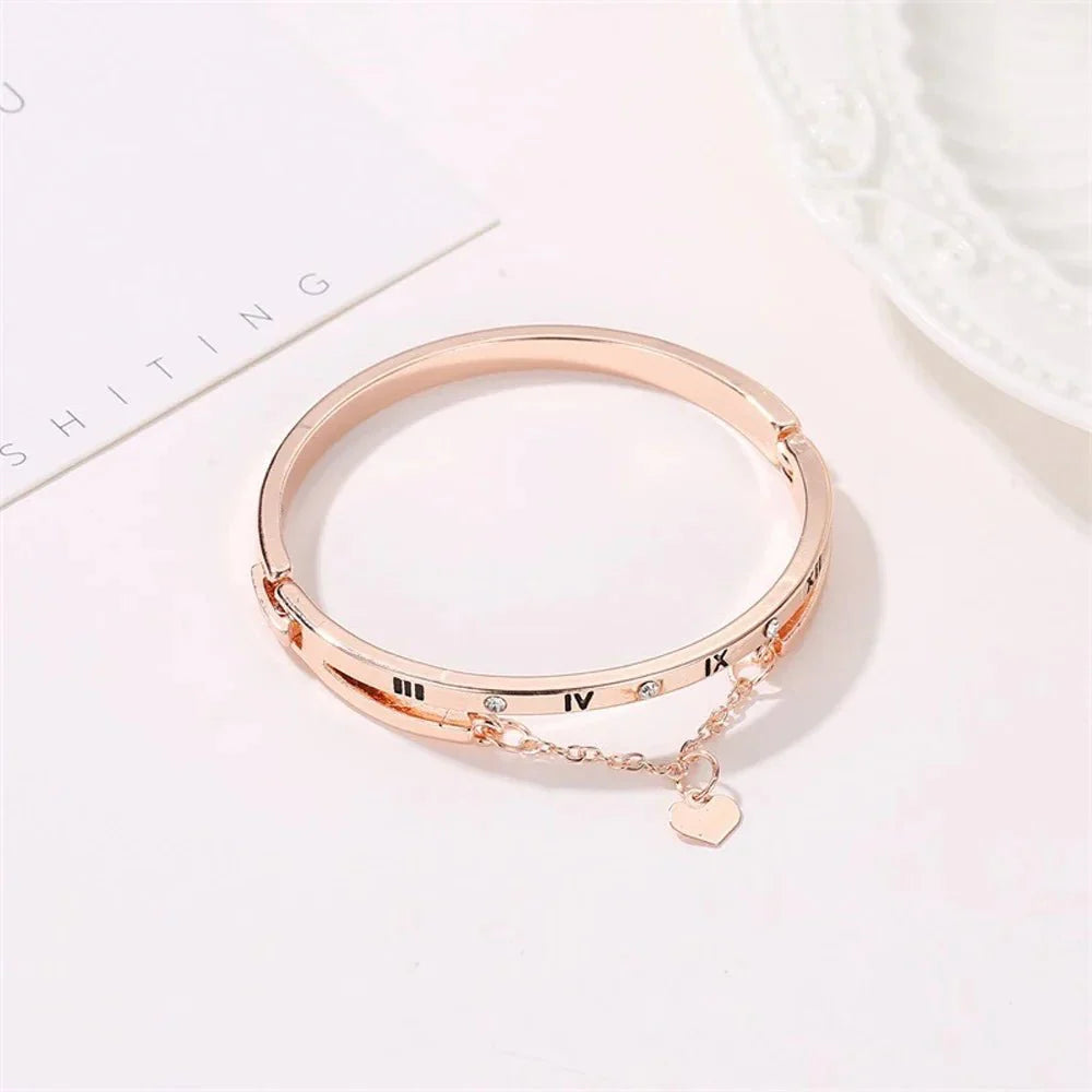 Roman Numeral Heart Dangle Cuff Bracelet - Aryomi