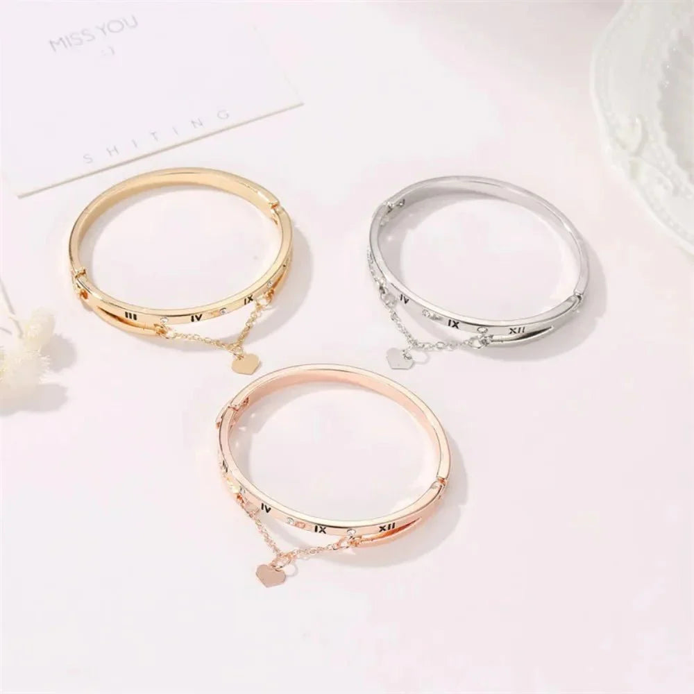 Roman Numeral Heart Dangle Cuff Bracelet - Aryomi