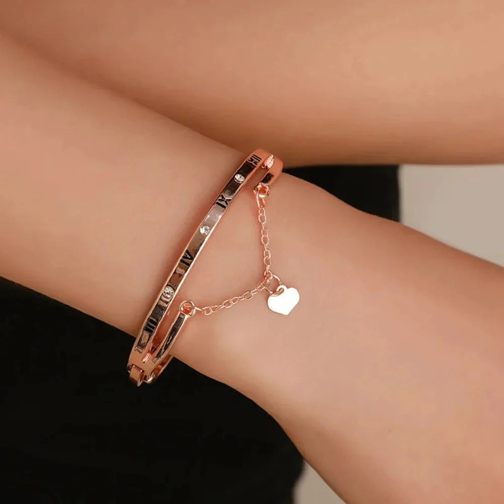 Roman Numeral Heart Dangle Cuff Bracelet - Aryomi
