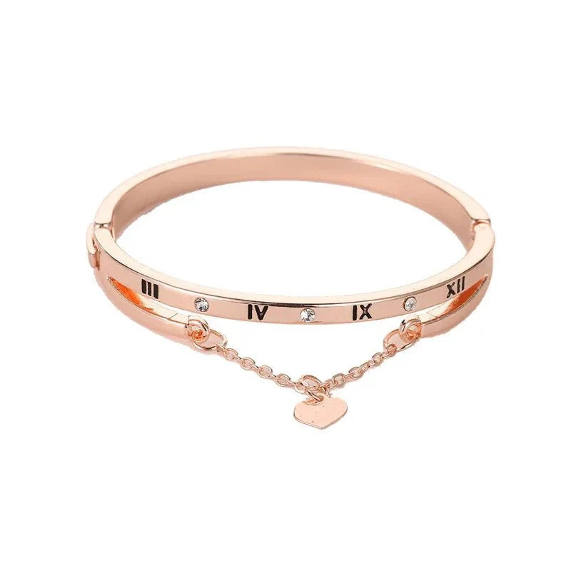 Roman Numeral Heart Dangle Cuff Bracelet - Aryomi