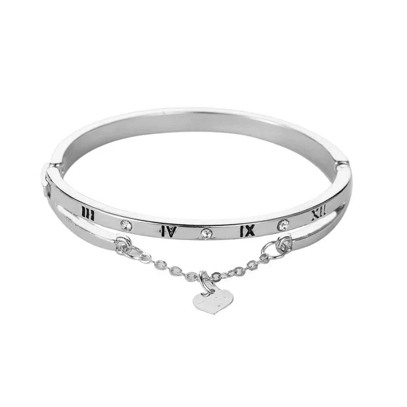 Roman Numeral Heart Dangle Cuff Bracelet - Aryomi