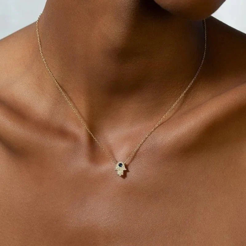 S925 Dainty Hamsa Hand Diamond Pendant Necklace - Aryomi