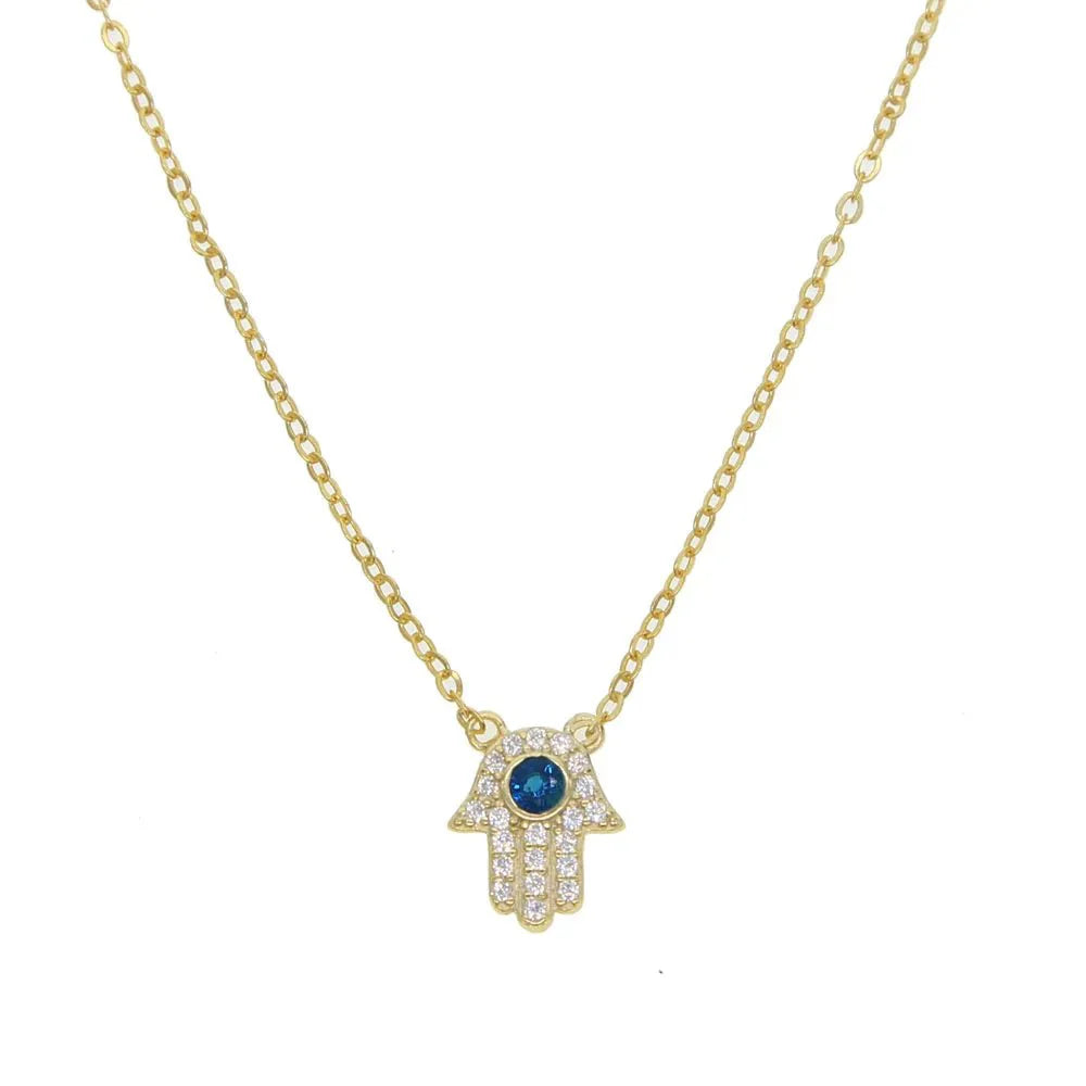 S925 Dainty Hamsa Hand Diamond Pendant Necklace - Aryomi