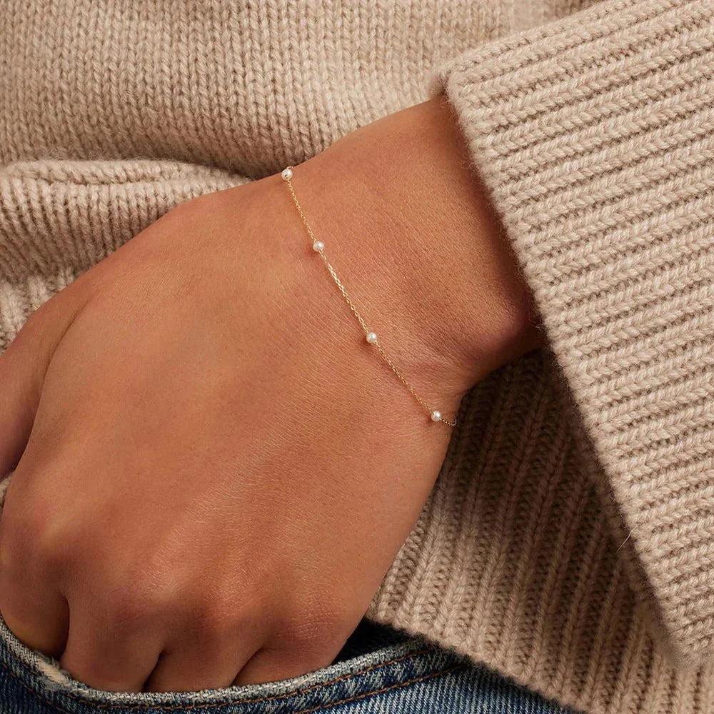 S925 Dainty Satellite Pearl Chain Bracelet - Aryomi