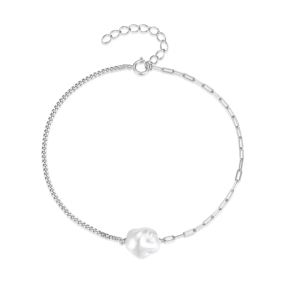 S925 Pearl Dainty Paperclip and Cuban Chain Bracelet - Aryomi