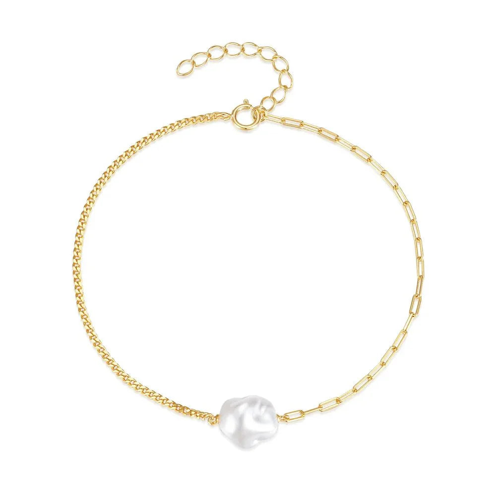 S925 Pearl Dainty Paperclip and Cuban Chain Bracelet - Aryomi