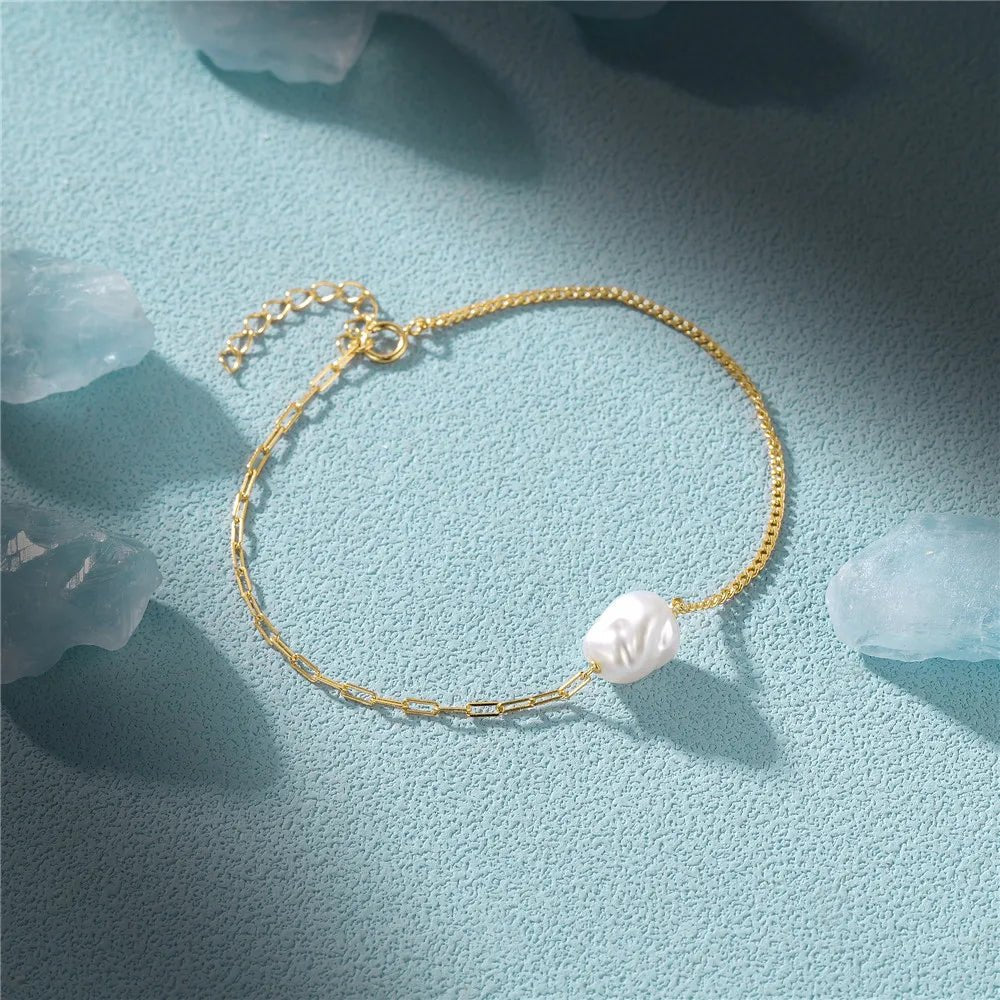 S925 Pearl Dainty Paperclip and Cuban Chain Bracelet - Aryomi