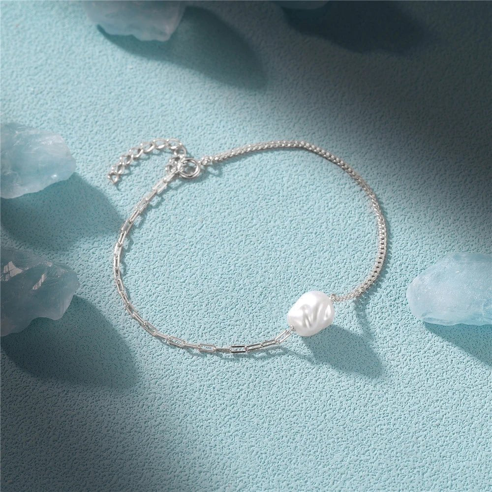 S925 Pearl Dainty Paperclip and Cuban Chain Bracelet - Aryomi