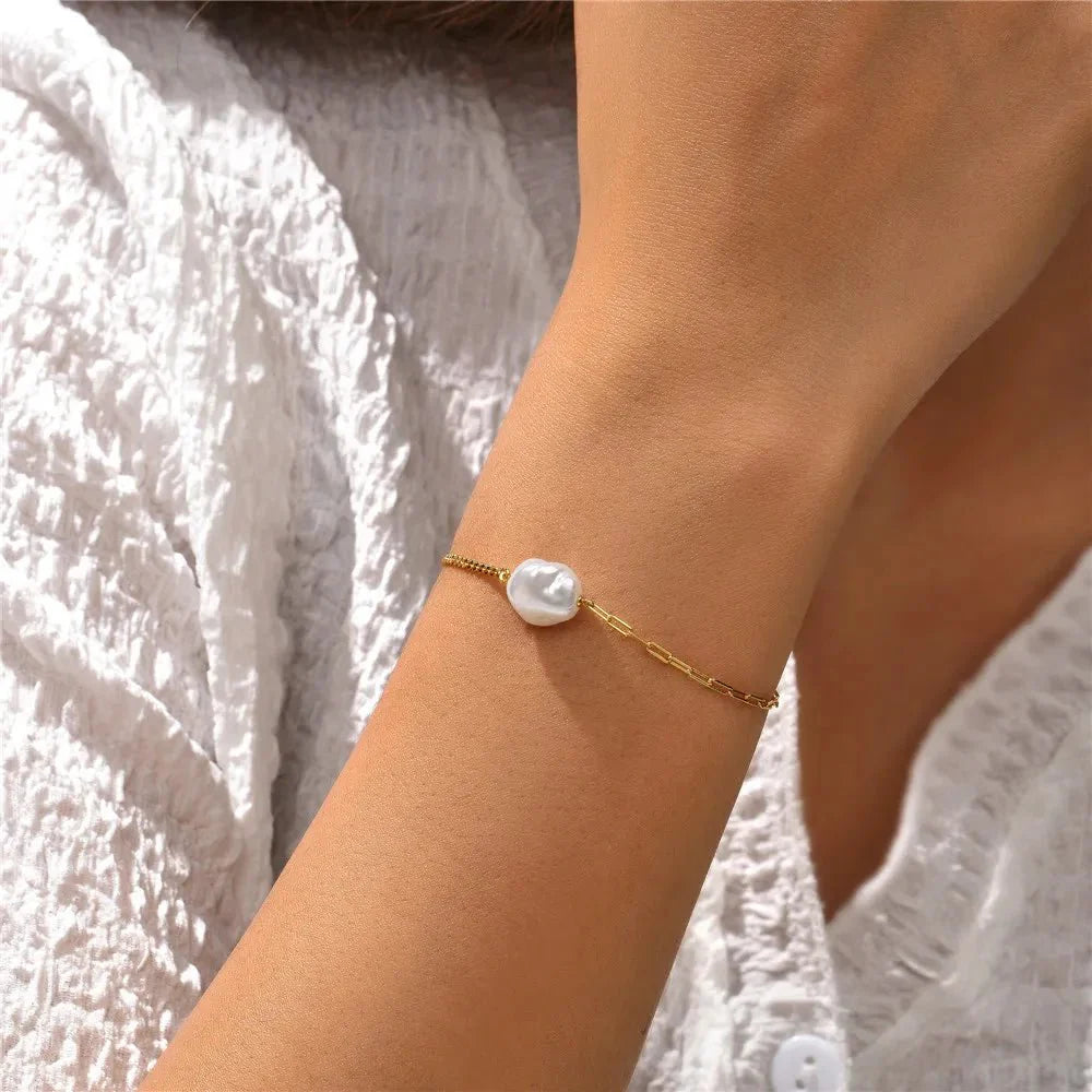 S925 Pearl Dainty Paperclip and Cuban Chain Bracelet - Aryomi
