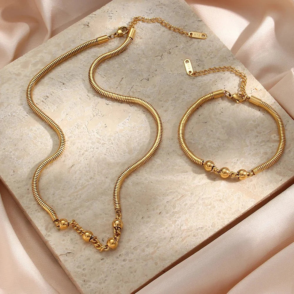 Thick Snake Chain Beaded Necklace and Bracelet Set - Aryomi