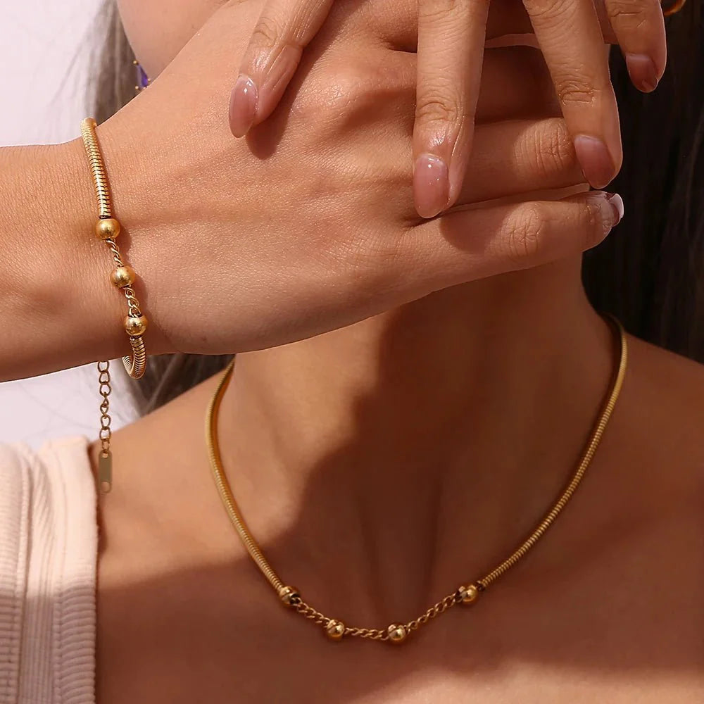 Thick Snake Chain Beaded Necklace and Bracelet Set - Aryomi