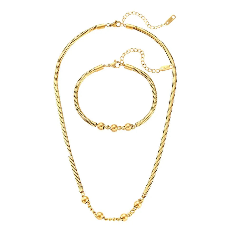 Thick Snake Chain Beaded Necklace and Bracelet Set - Aryomi