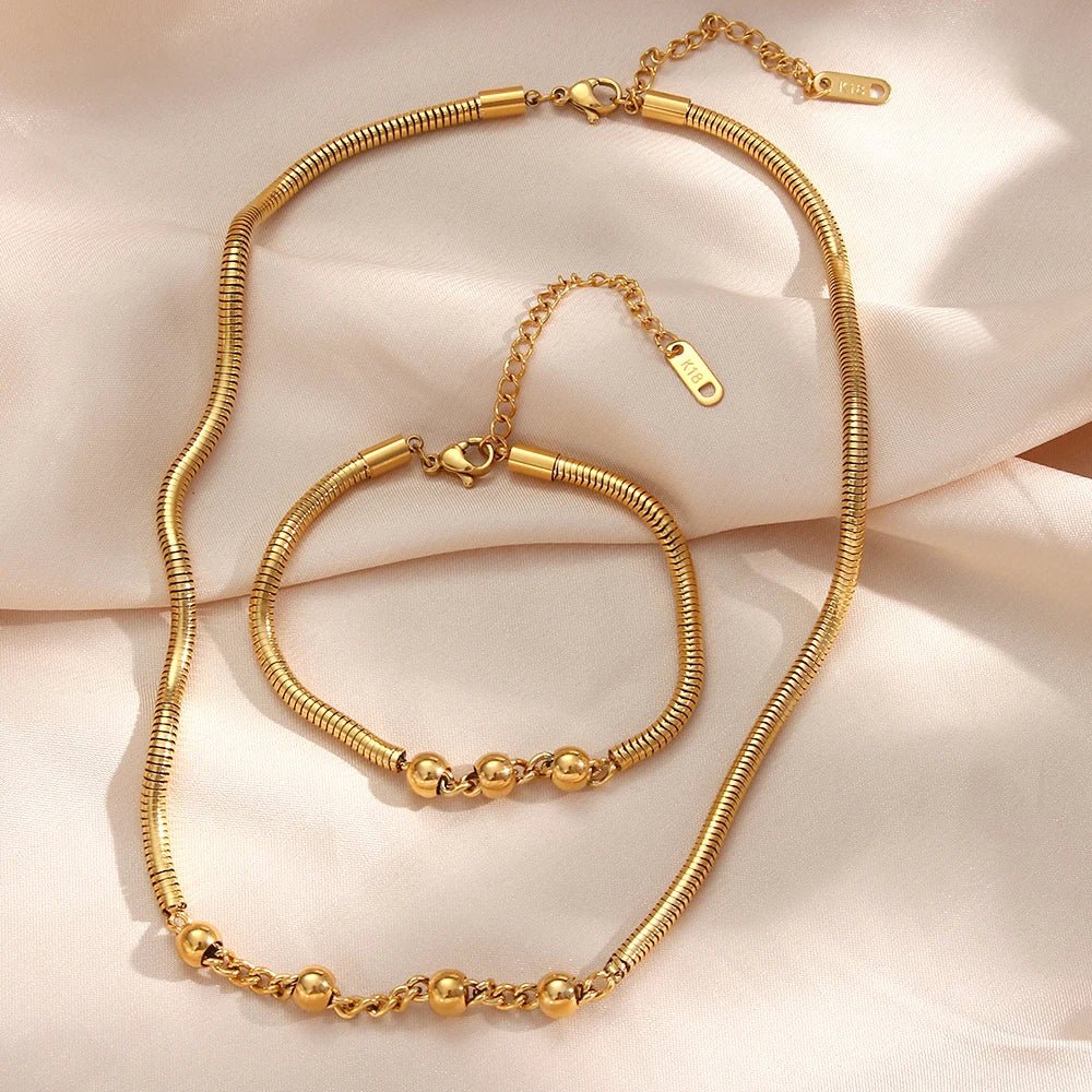 Thick Snake Chain Beaded Necklace and Bracelet Set - Aryomi