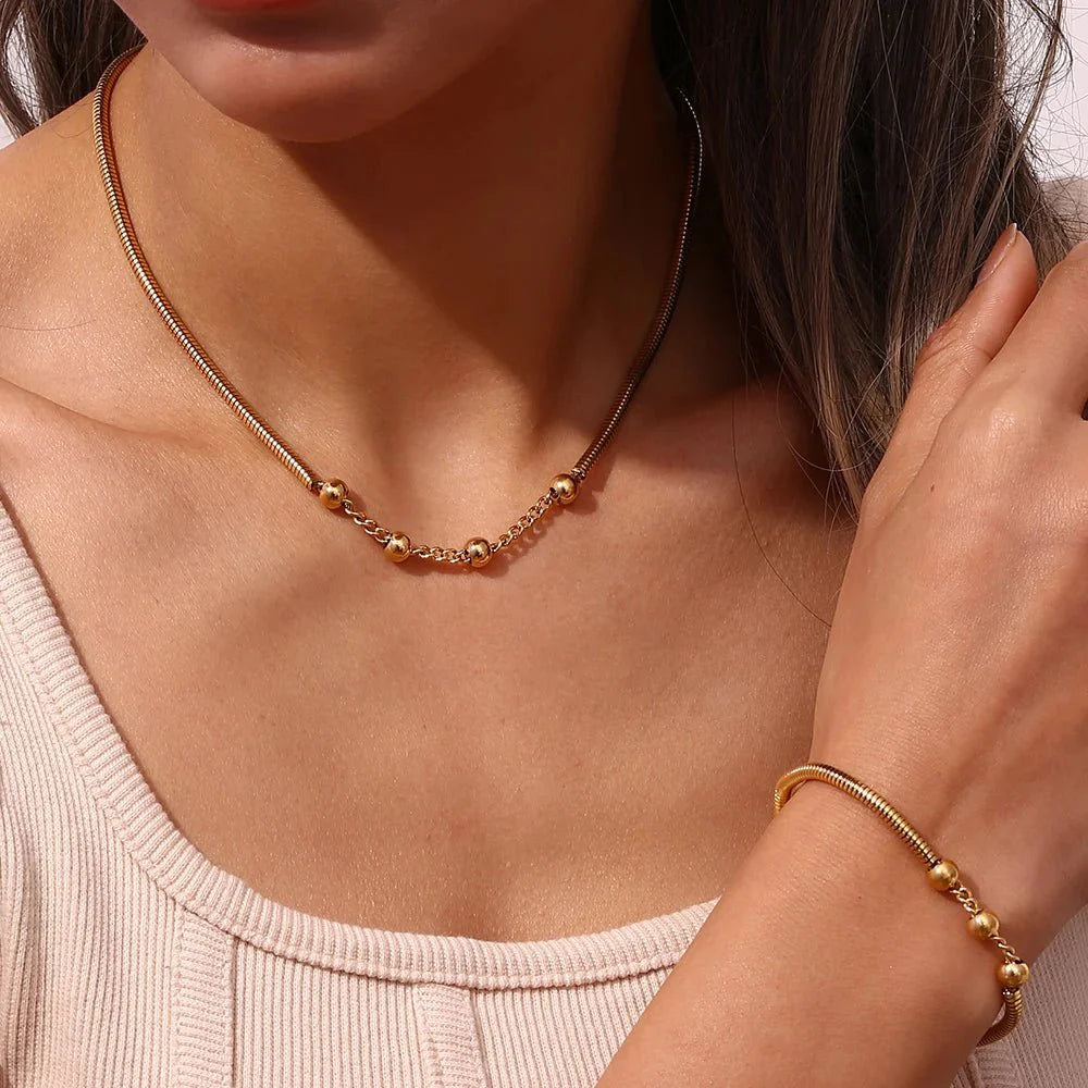 Thick Snake Chain Beaded Necklace and Bracelet Set - Aryomi
