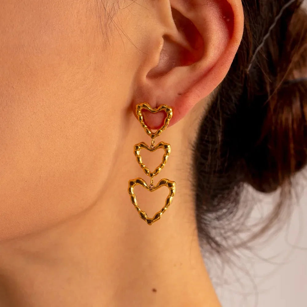 Triple Outlined Hearts Drop Earrings - Aryomi