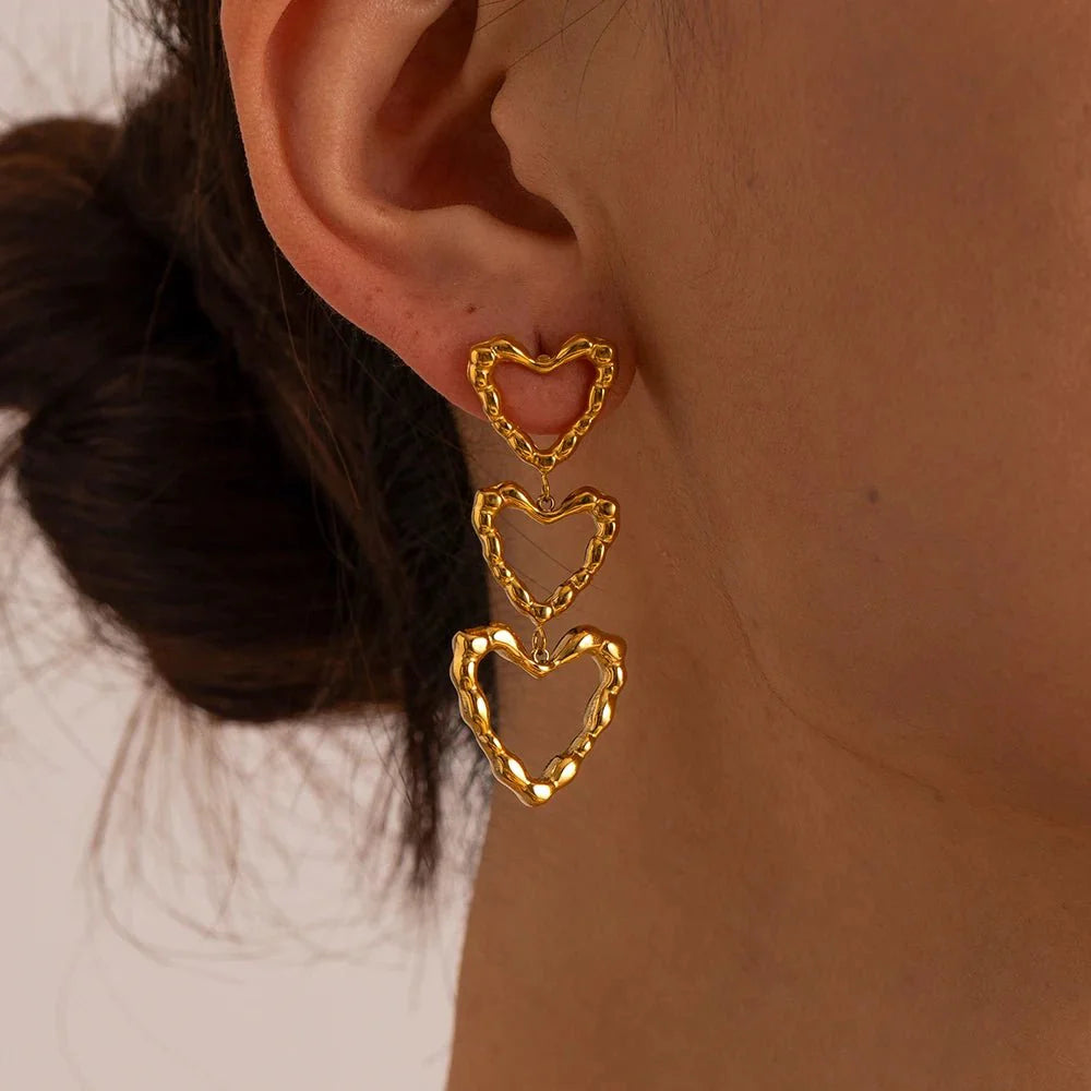 Triple Outlined Hearts Drop Earrings - Aryomi