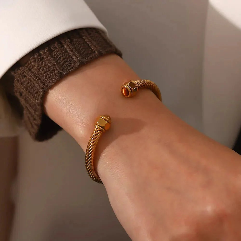 Twisted Gem Stone Ends Bangle Bracelet - Aryomi
