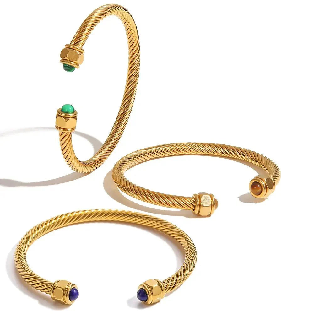 Twisted Gem Stone Ends Bangle Bracelet - Aryomi