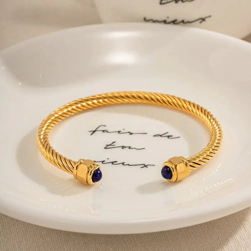 Twisted Gem Stone Ends Bangle Bracelet - Aryomi