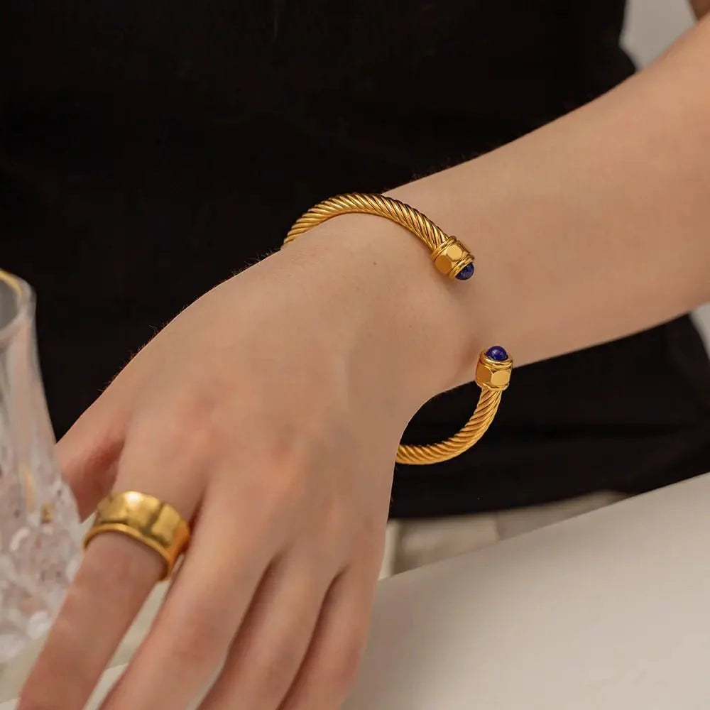 Twisted Gem Stone Ends Bangle Bracelet - Aryomi