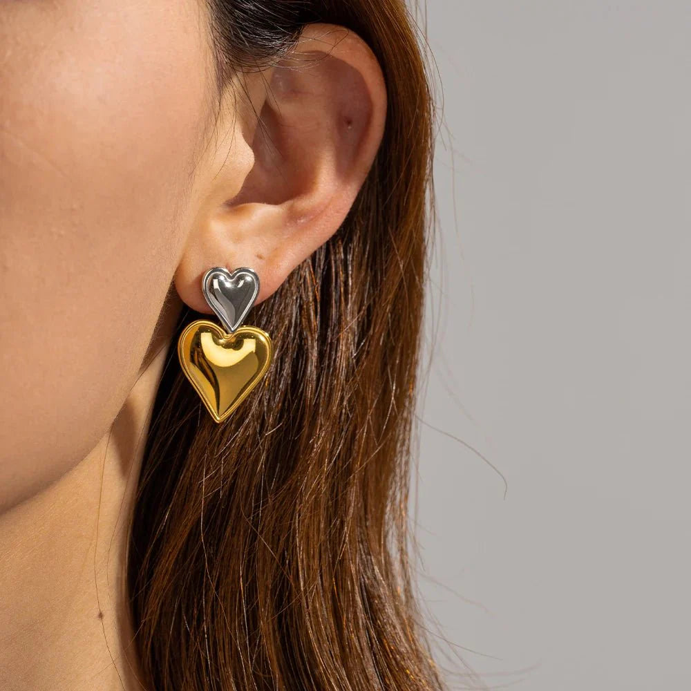 Two Tone Accented Heart Earrings - Aryomi