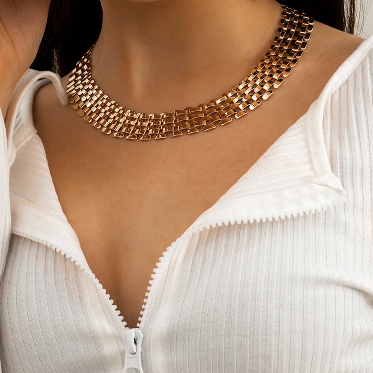 Wide Flow Flat Chain Choker Necklace - Aryomi